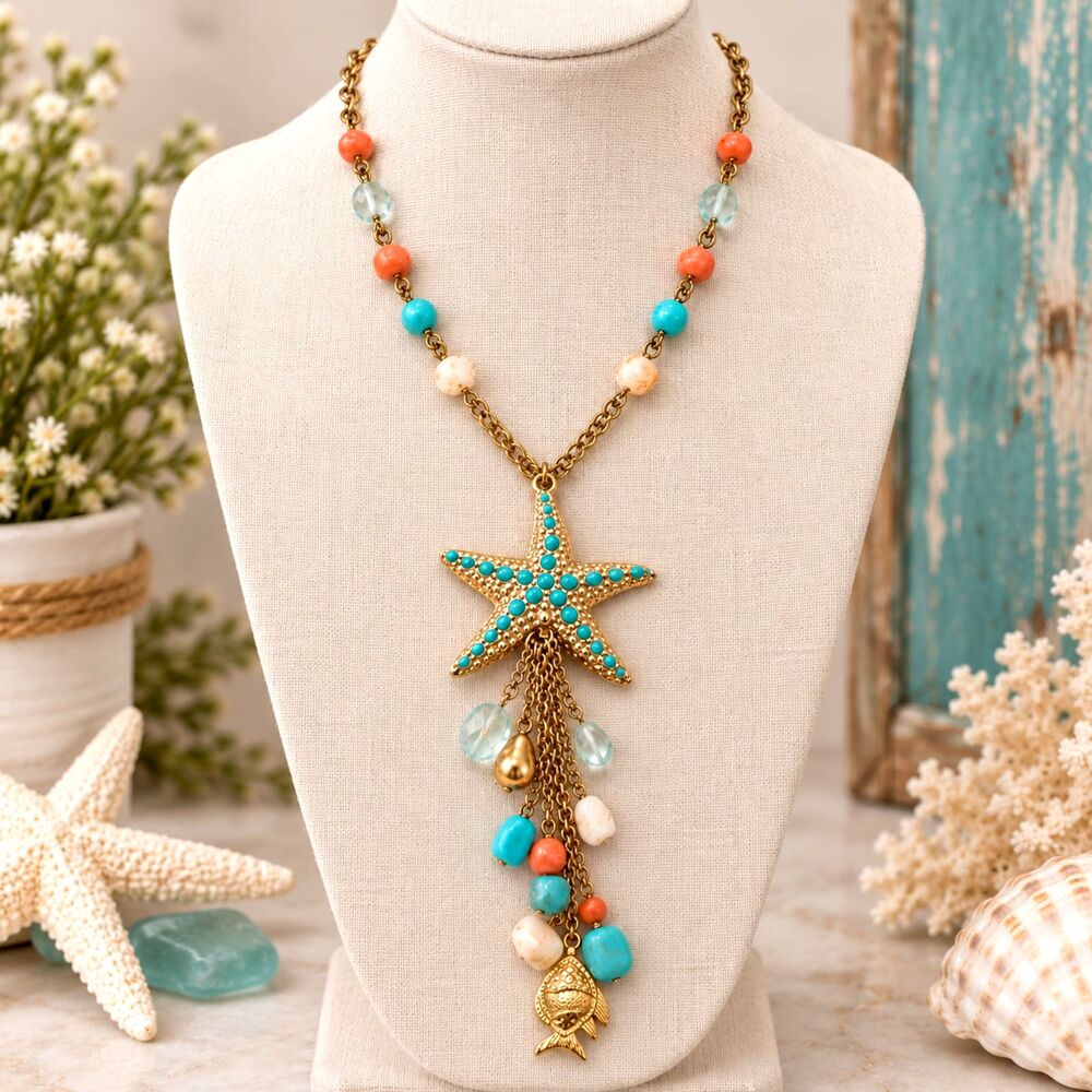 Gold Tone Pastel Beaded Starfish Tassel Statement Necklace Coastal 34"